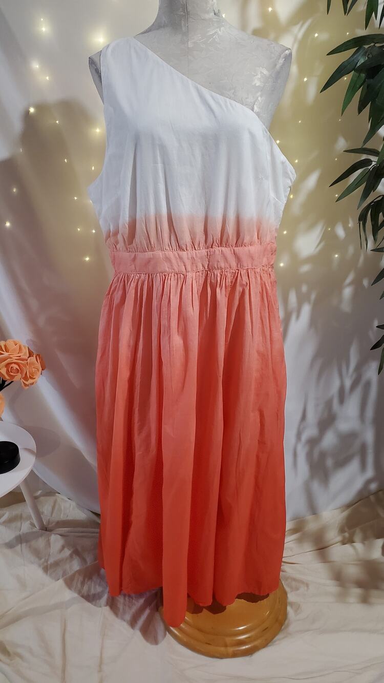 Boden Ora One Shoulder Ombre Midi Dress Size 14 White Coral 100% Cotton Coastal